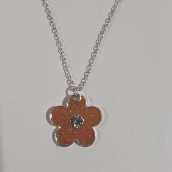 Silver-Tone Chain Flower Pendant Necklace – Glitter Enamel & Crystal Center - Picture 4 of 8